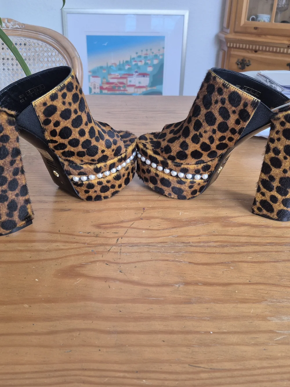 Nwt, Never Worn Stuart Weitzman Leopard Print Platform Pearl Trim Calfskin Slide